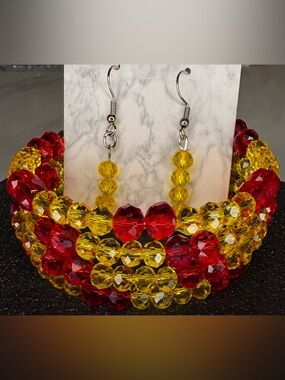 Handmade Red & Yellow Crystal wrap Bead Bracelet with Matching Earrings